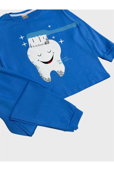 elmas kids Boy's 100% Cotton Blue Toothbrush Patterned Long Sleeve Pajama Set