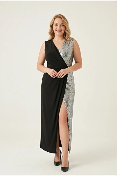 hazelin Women's Black Silver Glitter Plus Size Double Breasted Collar Slit De...