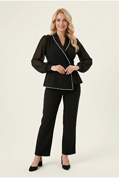 hazelin Women's Black Plus Size Collar Pearl Detailed Chiffon Sleeved Evening...