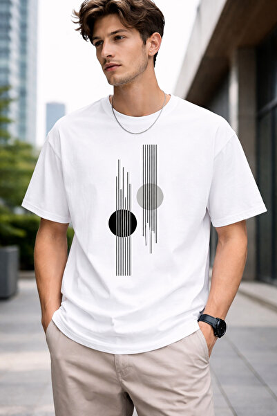 VODEXA Men's Oversize T-Shirt Straight Lines Printed 100% Cotton T-Shirt Comf...