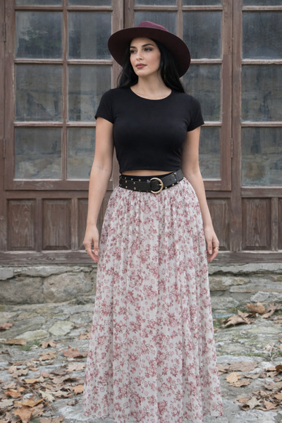 DİMA Patterned Belted Chiffon Pleated Skirt