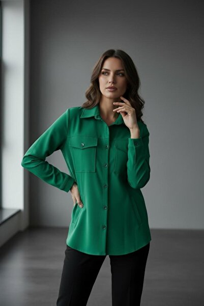 KLAPA Classic Pattern Green Shirt Jacket with Flap Pockets