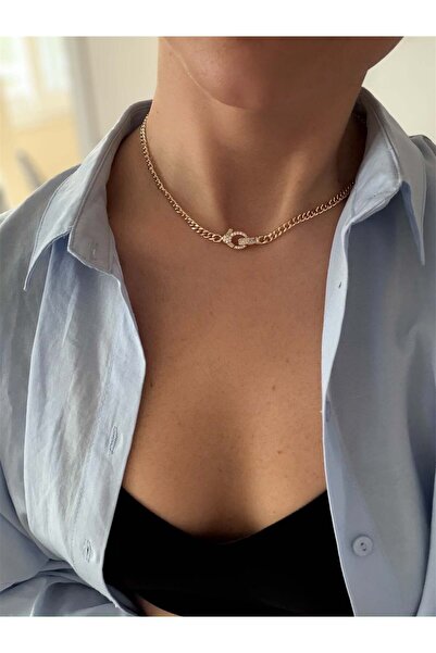 DGK COLLECTİON 14K gold renk,tasarım taşlı klips model zincir kolye