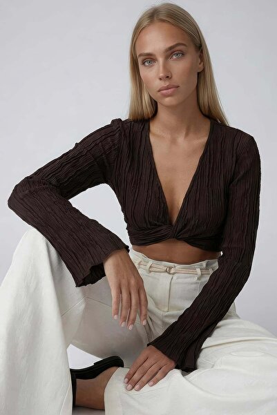Trend Alaçatı Stili Acı Kahve Double-Breasted Collar Spanish Sleeve Crop Blouse