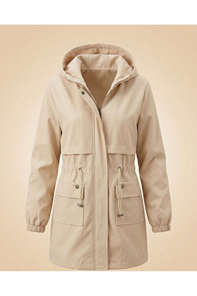MUDUTEKSTİL Beli Büzgülü Fermuarli Trençkot Bej
