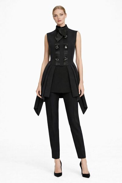 ALYEL NAKER Sleeveless Special Design Long Jacket with Peplum Detail & Shawl ...