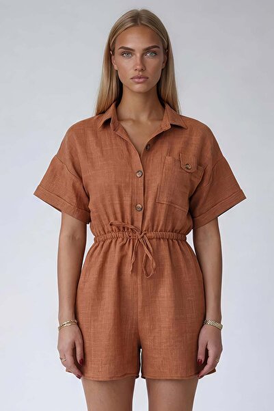 Trend Alaçatı Stili Cinnamon Shirt Collar Double Pocket Linen Shorts Overalls