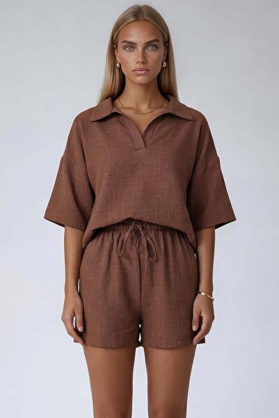 Trend Alaçatı Stili Milky Brown Polo Collar Linen Blouse and Shorts Set