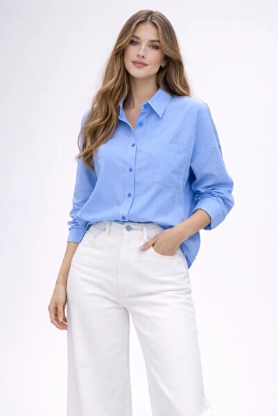 Cool & Sexy Blue Striped Jacquard Fabric Oversize Shirt