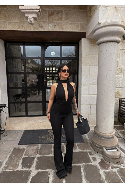 kırmızı butiks Siyah Boyundan Geçmeli Toparlayıcı Tulum