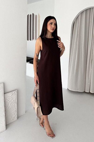 moda poni Women's Sleeveless Brown Midi Dress