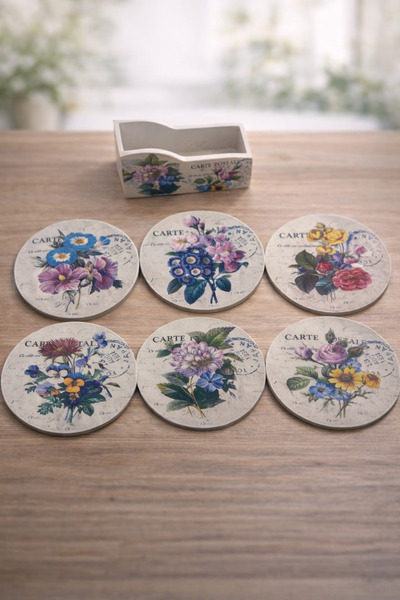 PARTİPORT Vintage Floral Patterned Coasters Set of 6 Decorative Coasters with...
