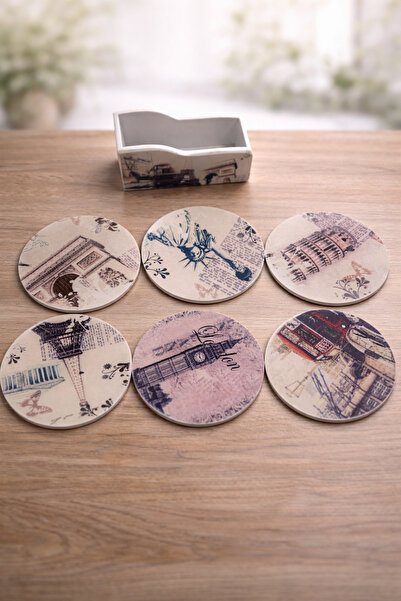 PARTİPORT Vintage City Patterned Round Coasters Set of 6 with Stand 11 cm Dec...