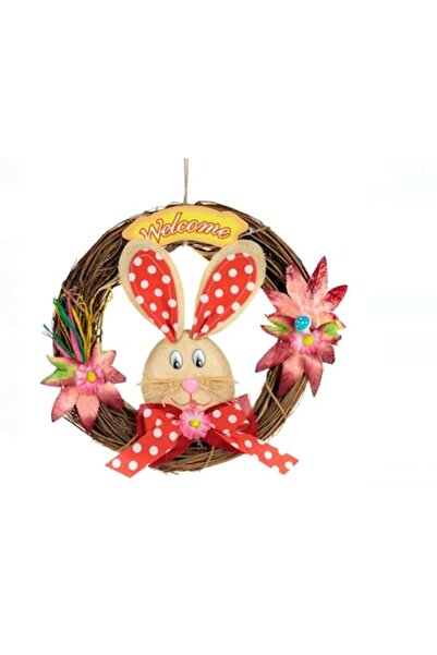 OEM Coroană decorativă de Paște cu iepurași și fundă cu buline roșii, 26 cm