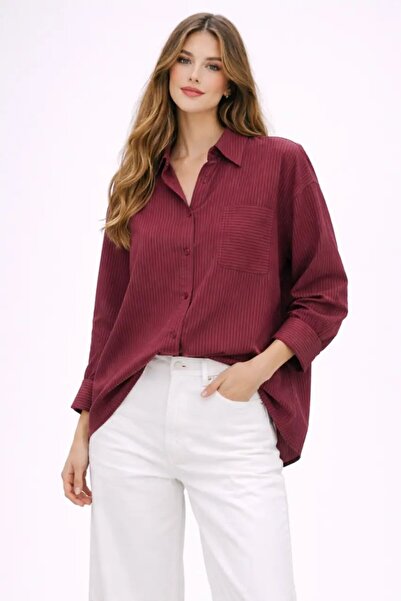 Cool & Sexy Πουκάμισο Oversize από ύφασμα ζακάρ με ρίγες σε μπορντό χρώμα