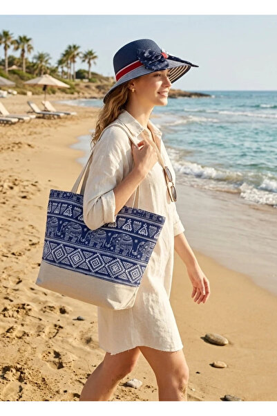 Bay Şapkacı Anchor Detailed Navy Blue Hat and Elephant Patterned Ethnic Beach...