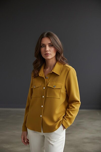 KLAPA Classic Pattern Yellow Shirt Jacket with Flap Pockets