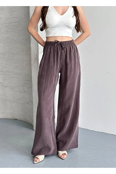 Ruby Wear Kadın Tencel Kumaş Yüksek Bel Bol Paça Salaş Pantolon