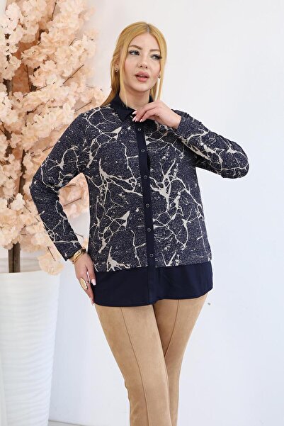 Siyezen Plus Size Silver Glitter Patterned Shirt