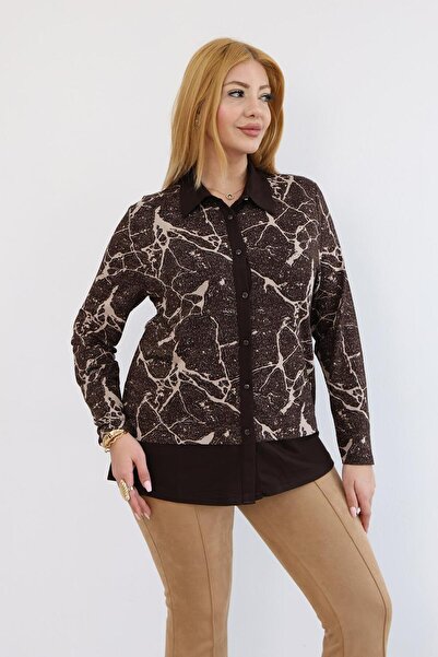 Siyezen Plus Size Silver Glitter Patterned Shirt