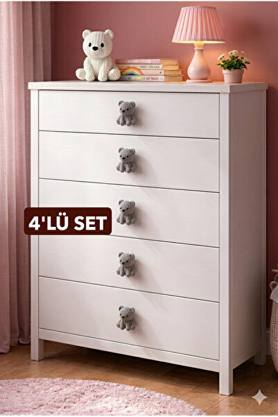 Rekatech 4LÜ SET GRİ AYI Çocuk Odası Örgü Desenli-Dekoratif Çekmece Kulpu Hay...