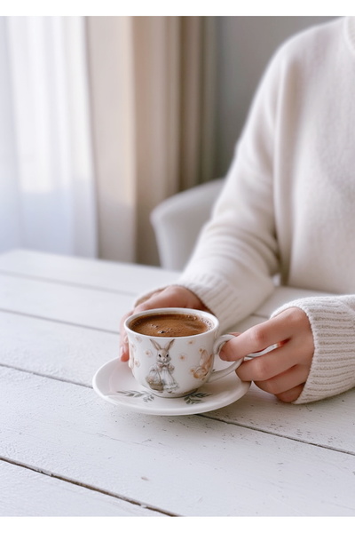 Rolin Design Bunnie Sepetli Tavşan 2’li Kahve Fincanı - Krem