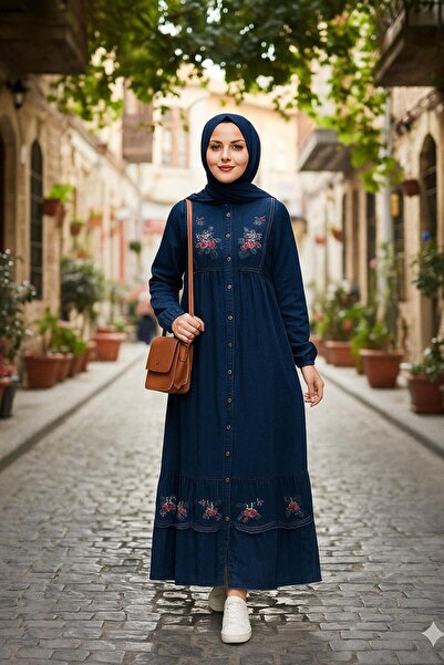 AXXAN Women's Denim Dress Buttoned Embroidered Dress