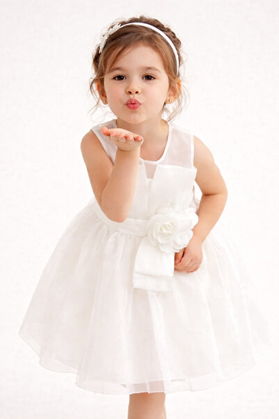 DUBAİ ÇOCUK Girl's Tulle Evening Dress with Floral Detail, White, Stylish Design