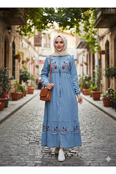 AXXAN Women's Denim Dress Buttoned Embroidered Dress