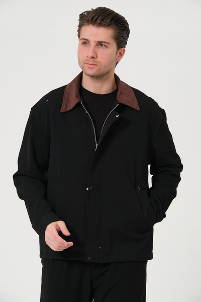 renvo style Black Men's Jacket with Brown Collar Detail