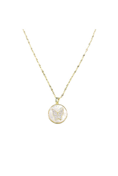 Güler Yüzlü Silver Steel Butterfly Round Pendant Gold 40+5 cm