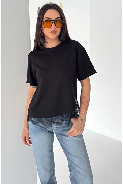 Noa&Noa Women's Short Sleeve Cross Lace Detailed Modal Fabric T-Shirt