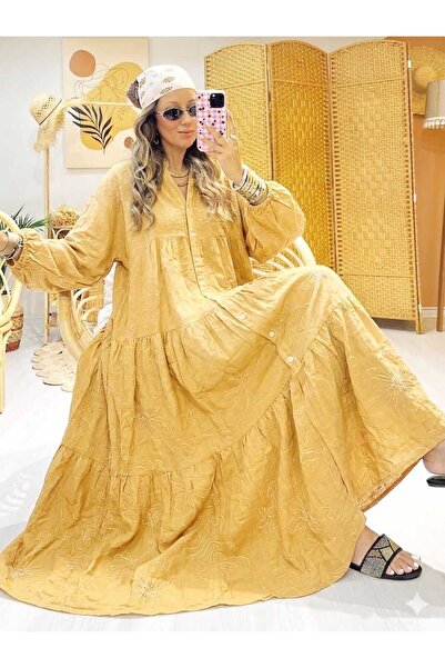 QUAWEAR V-Neck Embroidered Linen Fabric Full Length Dress