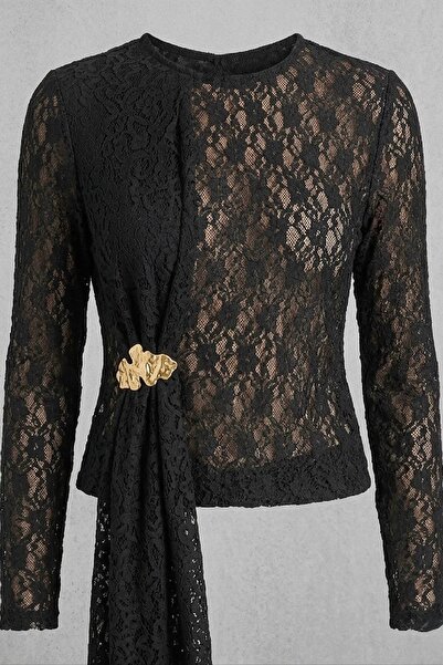Cockatoo Women's Black Lace Detailed Asymmetrical Brooch Stylish Blouse Speci...