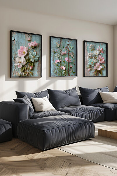 STARYUNA Σετ τριών πινάκων με μαύρο ξύλινο πλαίσιο, με θέμα λουλούδια και vin...