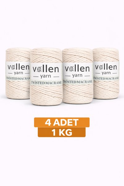 vollen yarn 1kg, pakovanje od 4 komada, premium 3-slojni pamučni makrame kono...
