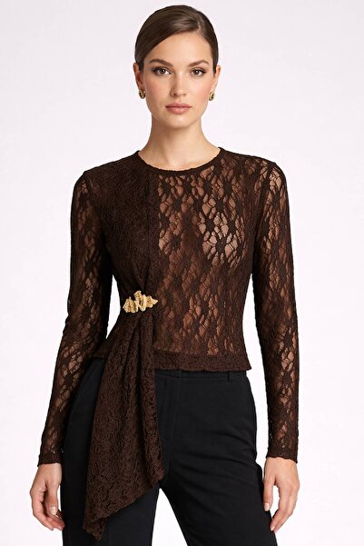 Cockatoo Women's Black Lace Detailed Asymmetrical Brooch Stylish Blouse Speci...