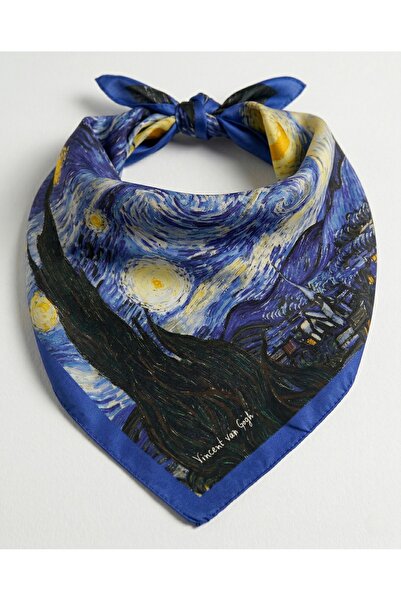 Ege Fular Şal Van Gogh Yıldızlı Gece Desenli İpek Rayon Fular 55x55 cm - İtal...