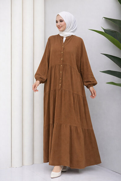 Moda Neva Long Sleeve Muslin Fabric Buttoned Dress