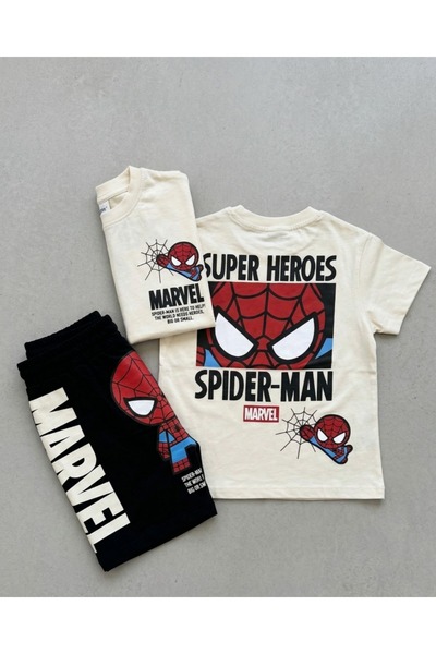 Kyex Set pantaloni scurți pentru băieți cu imprimeu Spiderman, negru crem, se...