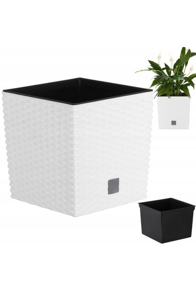 Englass White garden pot 17 cm, pot with insert for terrace, balcony