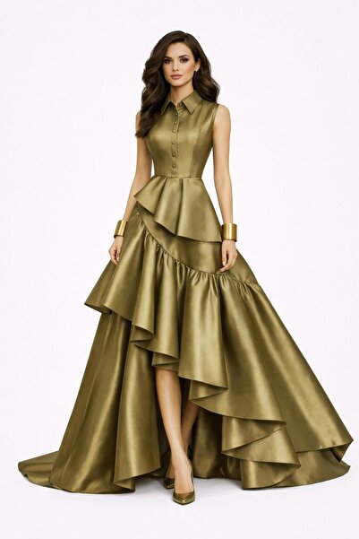 ALYEL NAKER Khaki Silk American Satin Ruffle Event Dress