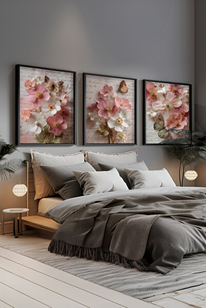 STARYUNA Σετ τριών πινάκων με θέμα λουλούδια και πεταλούδες με μαύρο ξύλινο π...