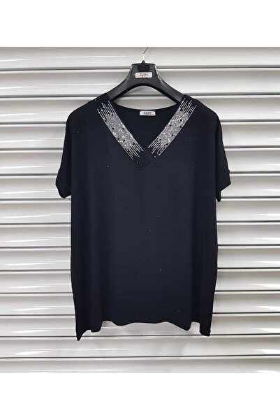 Esina Bluză de damă din viscoză cu decolteu în V și detalii cu pietre în față