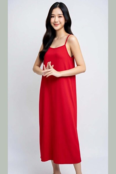 ARYDY Women's Red Loose Dress with Rope Straps and Ribbed Slit Detail