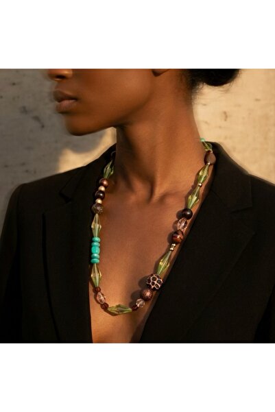 COCOSH TAKI Green beaded turquoise brown special design necklace with gold de...