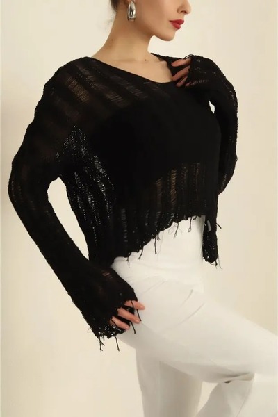 VARENZEA Women's Openwork V-Neck Tassel Detailed Slim Knitwear Blouse Crop Se...