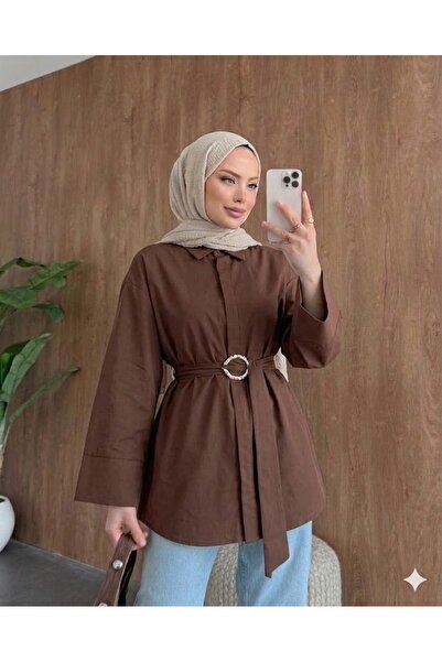 onlymoon Brown Woven Fabric Long Belted Shirt for Women with Buckle Detail, C...