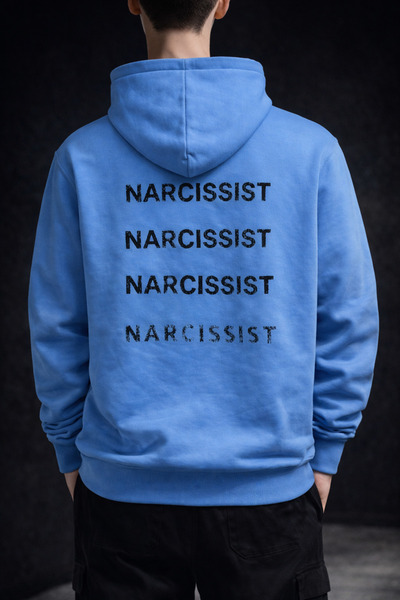 vulgariromania Men's Oversized Blue Hoodie – Narcissist Print Streetwear - XL