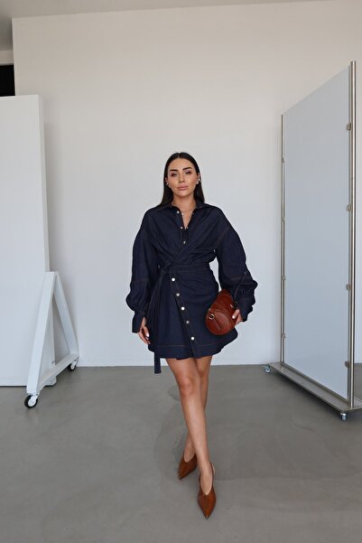 Özge Özgenç Balon Kol Kontrast Dikişli Denim Elbise